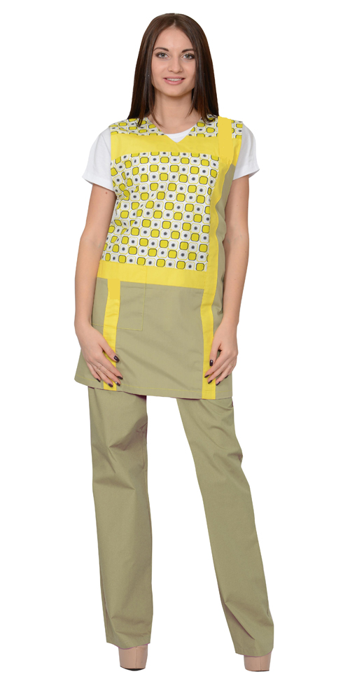 картинка Комплект ГАЛАТЕЯ женский: фартук, брюки, олива/желтый