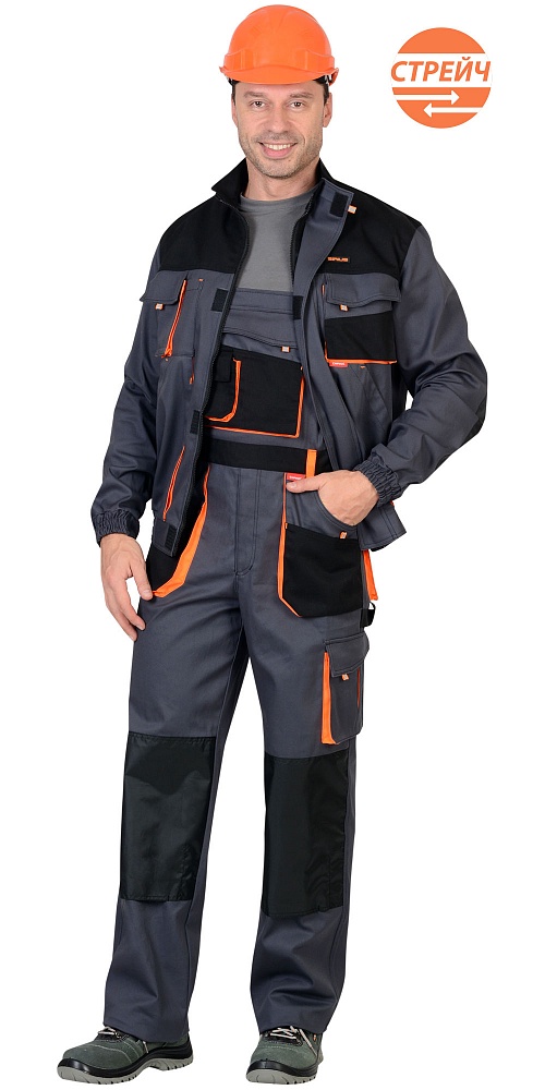 картинка Костюм МАНХЕТТЕН, куртка-п/к (тк.Стрейч) т.серый/черный/оранжевый