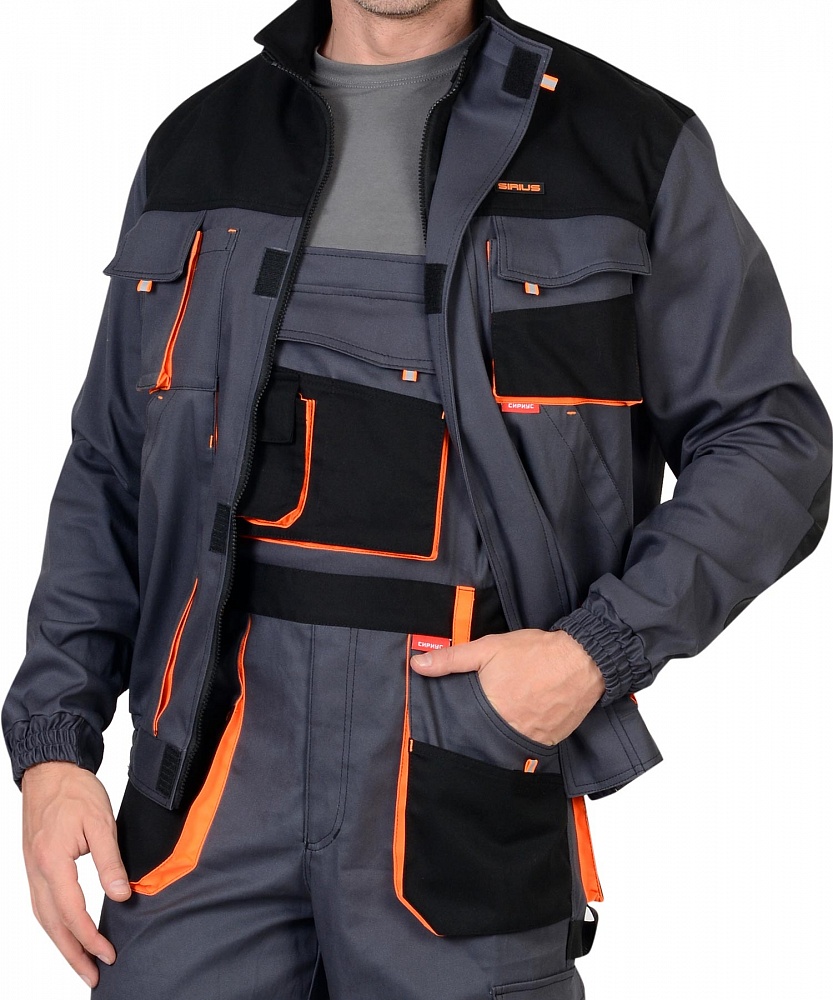 картинка Костюм МАНХЕТТЕН, куртка-п/к (тк.Стрейч) т.серый/черный/оранжевый