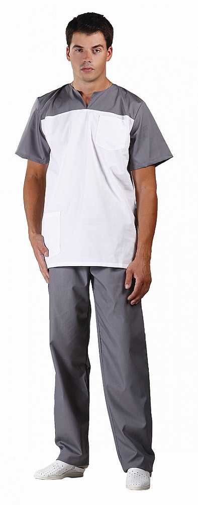 картинка Костюм хирурга СТОМАТОЛОГ, блуза-брюки, серый/белый